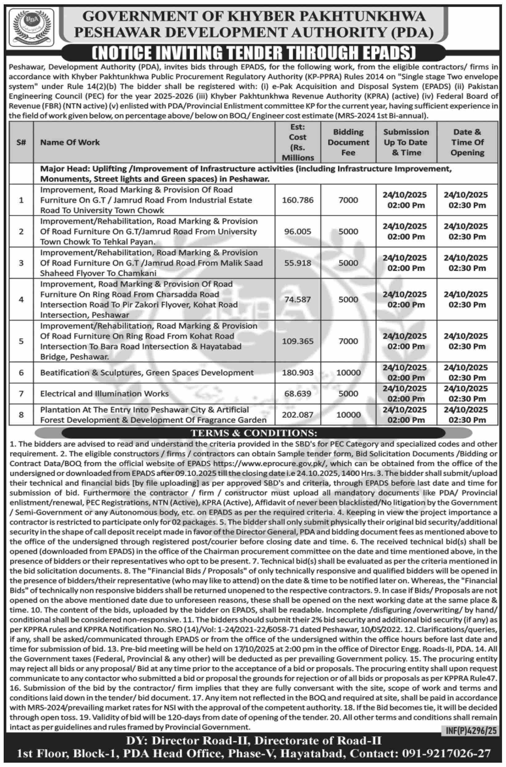 Peshawar Development Authority Tender Notice
